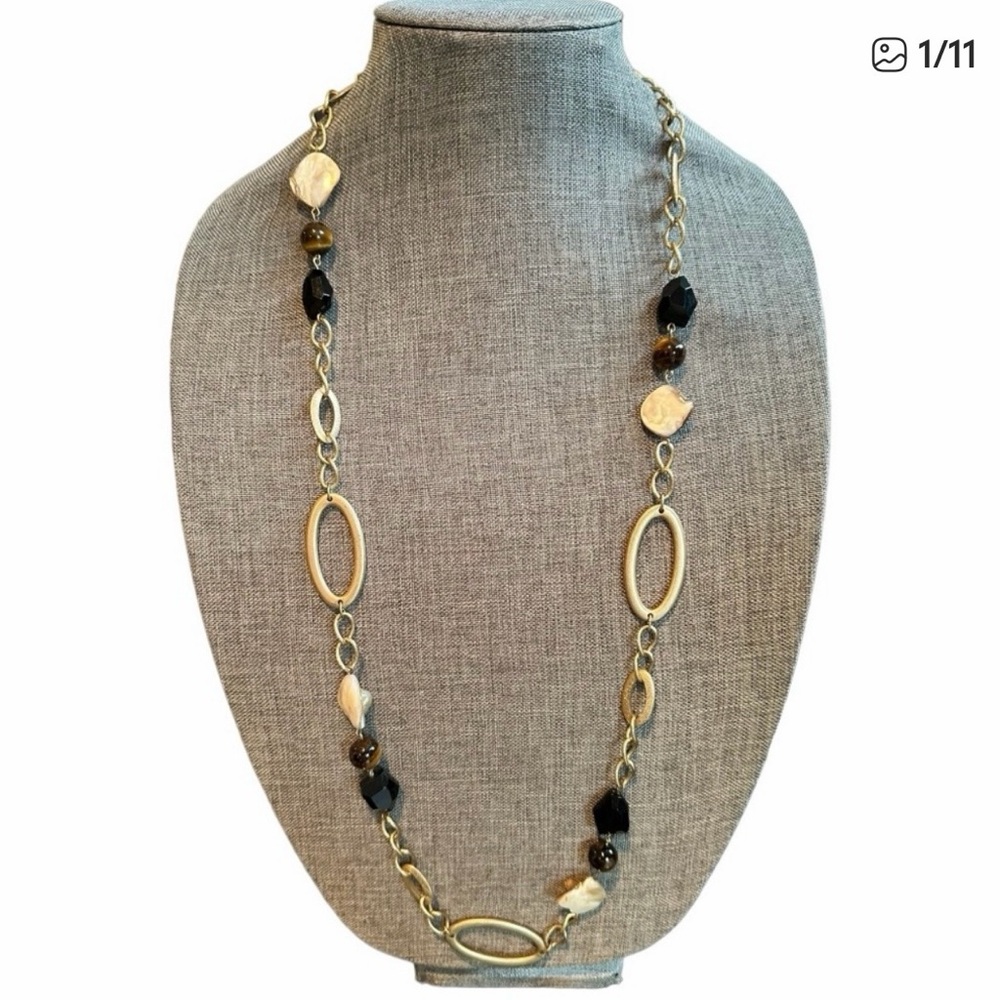 Lia Sophia Signed Tivoli Matte Gold-tone Tigers Eye MOP Shell 36” Necklace